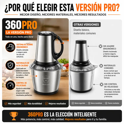 PROCESADOR DE ALIMENTOS 360PRO ¡Transforma tu cocina! Prepara comidas deliciosas y uniformes en segundos, sin esfuerzo.