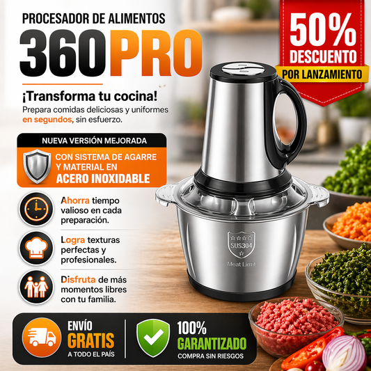 PROCESADOR DE ALIMENTOS 360PRO ¡Transforma tu cocina! Prepara comidas deliciosas y uniformes en segundos, sin esfuerzo.