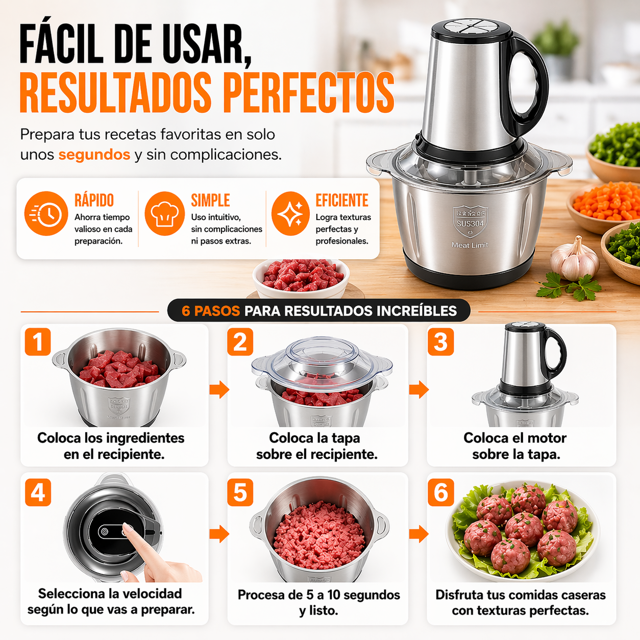PROCESADOR DE ALIMENTOS 360PRO ¡Transforma tu cocina! Prepara comidas deliciosas y uniformes en segundos, sin esfuerzo.
