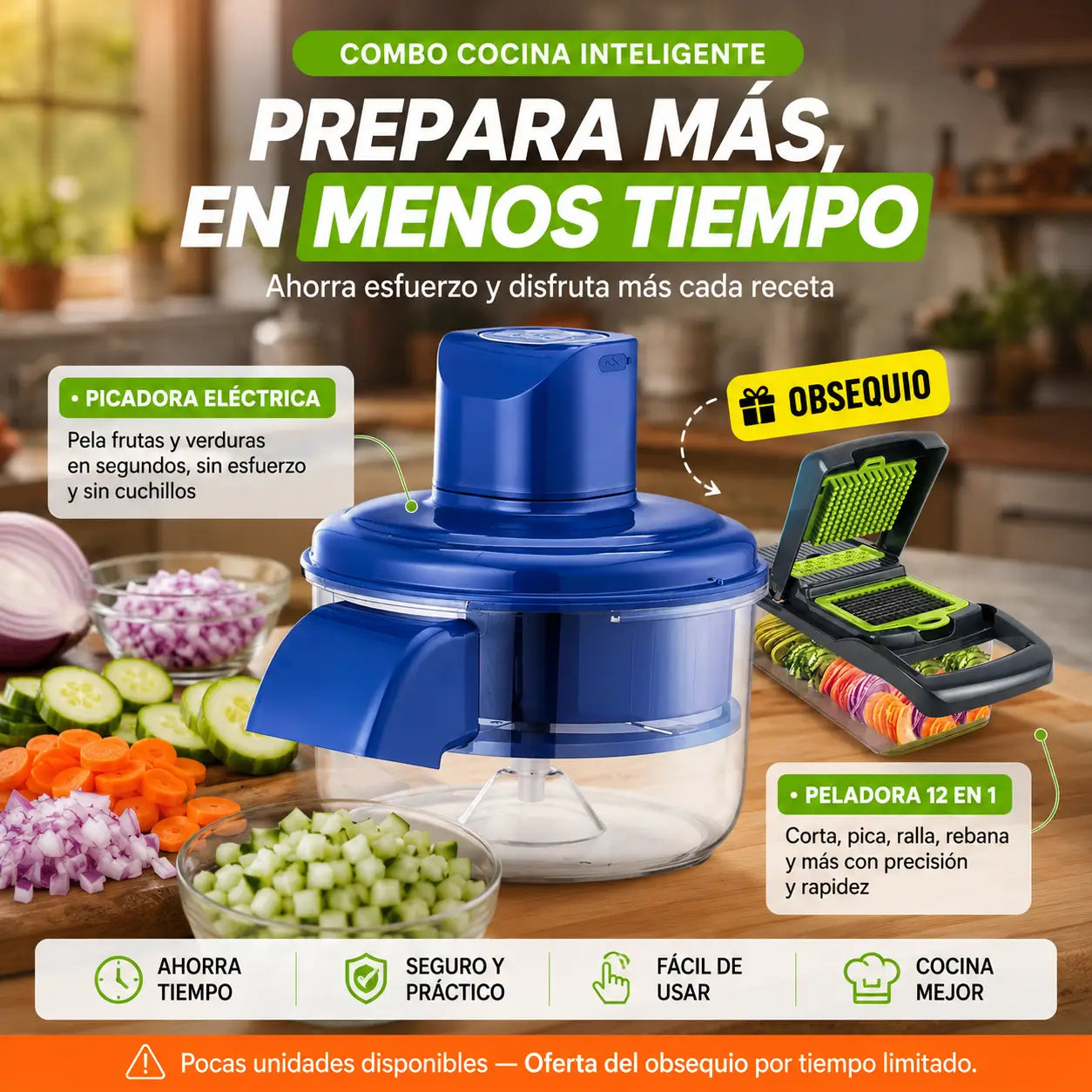 El pelador eléctrico que transforma tu cocina-Recibe en OBSEQUIO el Cortador Multifuncional 12 en 1 para preparar tus ingredientes en minutos y sin esfuerzo.