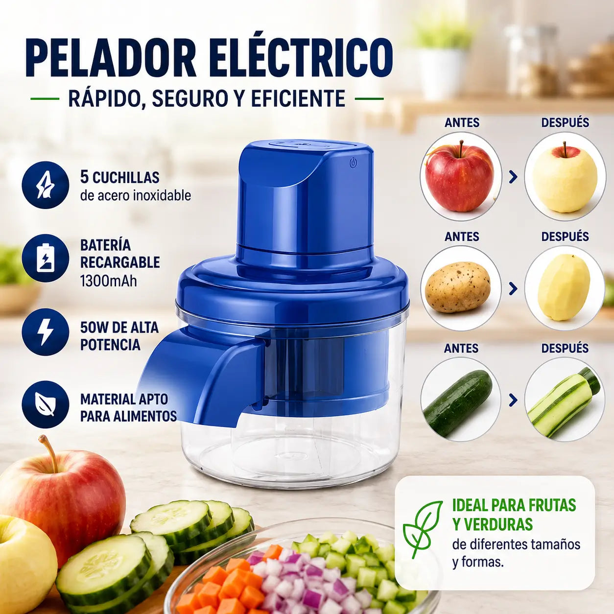El pelador eléctrico que transforma tu cocina-Recibe en OBSEQUIO el Cortador Multifuncional 12 en 1 para preparar tus ingredientes en minutos y sin esfuerzo.